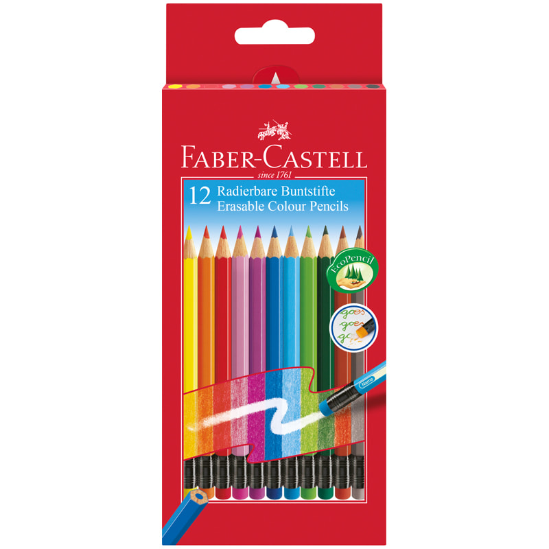 Цветные карандаши Faber Castell COLOUR PENCILS с ластиками,с местом для имени, набор цветов, в картонной коробке, 12 шт.