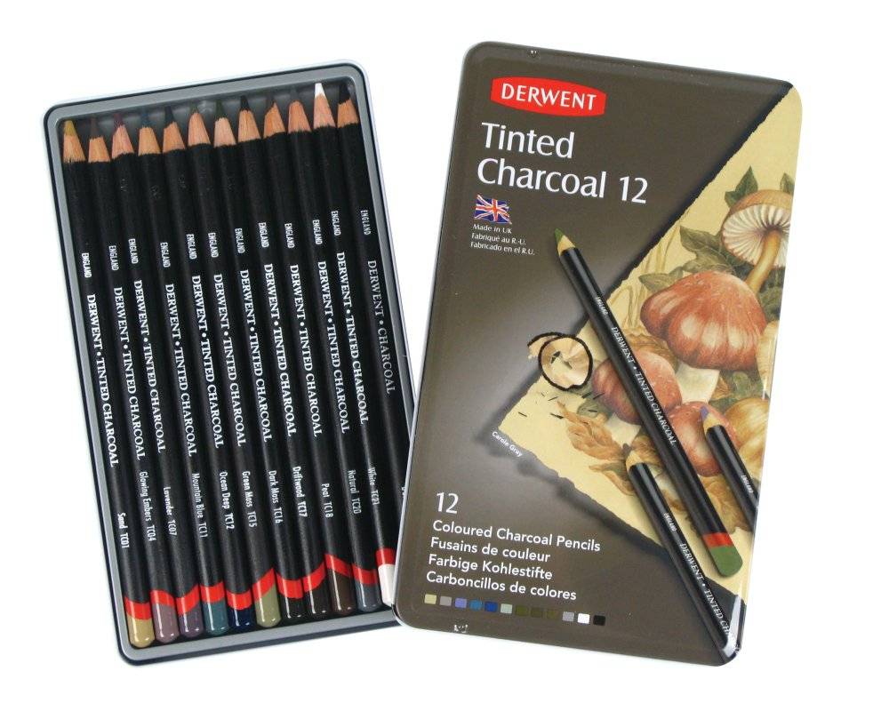 Набор цветных угольных карандашей Tinted Charcoal 12шт. в металлической коробке